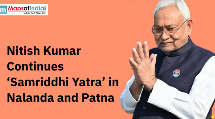 Nitish Kumar Continues ‘Samriddhi Yatra’ in Nalanda and Patna Poster featuring Nitish Kumar with folded hands and text about his ‘Samriddhi Yatra’ in Nalanda and Patna