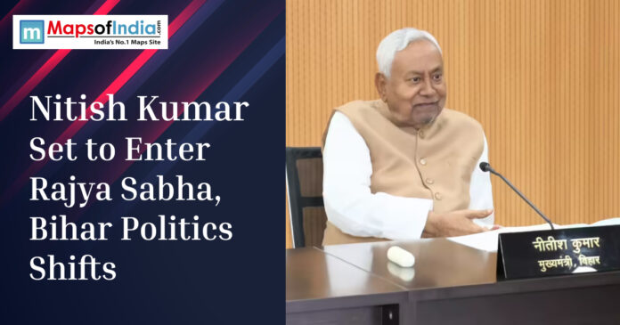 Bihar Chief Minister Nitish Kumar speaking at a meeting, highlighting news about his expected entry into the Rajya Sabha and its impact on Bihar politics