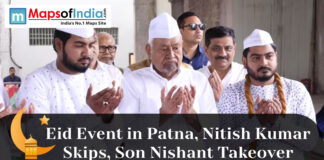 Eid Event in Patna, Nitish Kumar Skips, Son Nishant Takeover People offering prayers during an Eid gathering in Patna, highlighting a public event linked to Nitish Kumar.