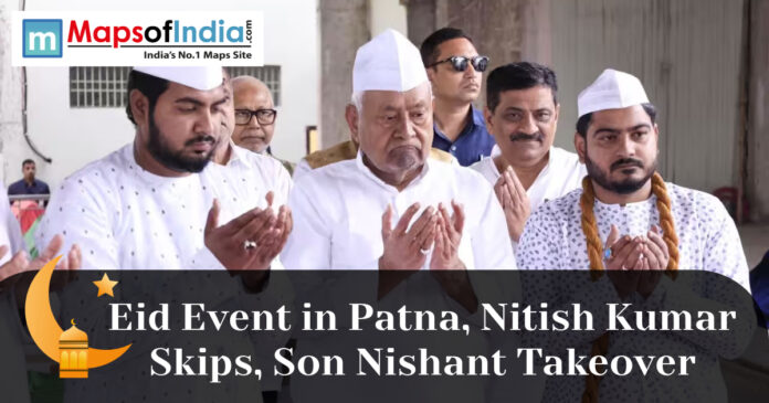 People offering prayers during an Eid gathering in Patna, highlighting a public event linked to Nitish Kumar.