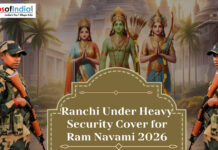 Ranchi Under Heavy Security Cover for Ram Navami 2026 Security personnel deployed in Ranchi with an illustration of Lord Rama, Sita, and Lakshmana, highlighting heavy security arrangements for Ram Navami 2026.