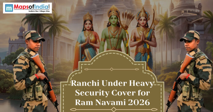 Security personnel deployed in Ranchi with an illustration of Lord Rama, Sita, and Lakshmana, highlighting heavy security arrangements for Ram Navami 2026.