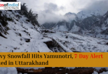 Heavy Snowfall Hits Yamunotri, 7-Day Alert Issued in Uttarakhand Snow-covered Yamunotri landscape with mountains and headline about heavy snowfall and a 7-day weather alert in Uttarakhand.