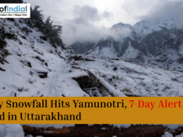 Snow-covered Yamunotri landscape with mountains and headline about heavy snowfall and a 7-day weather alert in Uttarakhand.