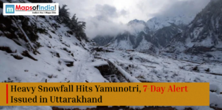 Heavy Snowfall Hits Yamunotri, 7-Day Alert Issued in Uttarakhand Snow-covered Yamunotri landscape with mountains and headline about heavy snowfall and a 7-day weather alert in Uttarakhand.