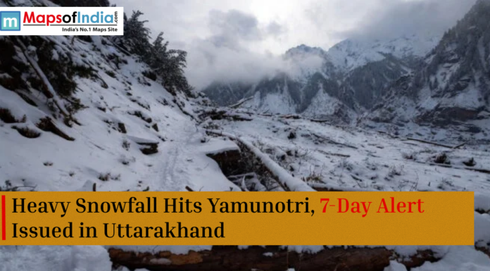 Heavy Snowfall Hits Yamunotri, 7-Day Alert Issued in Uttarakhand Snow-covered Yamunotri landscape with mountains and headline about heavy snowfall and a 7-day weather alert in Uttarakhand.