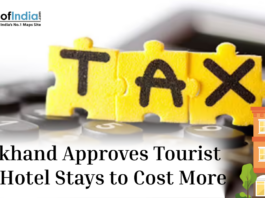 Illustration showing “TAX” written on puzzle pieces over a calculator with the headline about Jharkhand approving a tourist tax that may increase hotel stay costs.