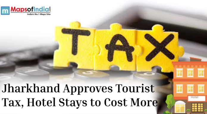 Jharkhand Approves Tourist Tax, Hotel Stays to Cost More Illustration showing “TAX” written on puzzle pieces over a calculator with the headline about Jharkhand approving a tourist tax that may increase hotel stay costs.