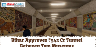 Bihar Approves ₹542 Cr Tunnel Between Two Museums Digital rendering of a modern pedestrian tunnel in Bihar decorated with traditional Madhubani paintings on the walls, with the "Maps of India" logo and text stating a 542 crore budget for a tunnel between two museums.