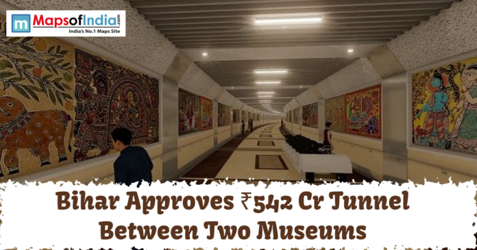 Digital rendering of a modern pedestrian tunnel in Bihar decorated with traditional Madhubani paintings on the walls, with the 