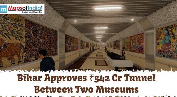 Bihar Approves ₹542 Cr Tunnel Between Two Museums Digital rendering of a modern pedestrian tunnel in Bihar decorated with traditional Madhubani paintings on the walls, with the "Maps of India" logo and text stating a 542 crore budget for a tunnel between two museums.