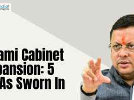 Graphic showing Uttarakhand Chief Minister Pushkar Singh Dhami with the headline about Dhami Cabinet expansion and five MLAs being sworn in.