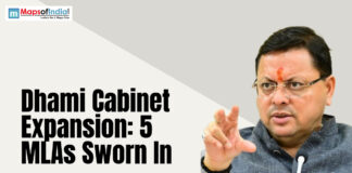 Dhami Cabinet Expansion: 5 MLAs Sworn In Graphic showing Uttarakhand Chief Minister Pushkar Singh Dhami with the headline about Dhami Cabinet expansion and five MLAs being sworn in.