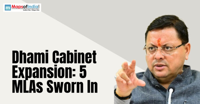 uttrkhnd Graphic showing Uttarakhand Chief Minister Pushkar Singh Dhami with the headline about Dhami Cabinet expansion and five MLAs being sworn in.