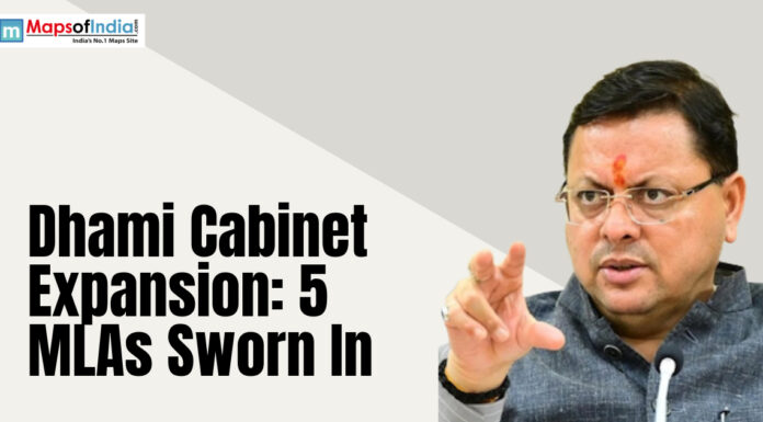 Dhami Cabinet Expansion: 5 MLAs Sworn In Graphic showing Uttarakhand Chief Minister Pushkar Singh Dhami with the headline about Dhami Cabinet expansion and five MLAs being sworn in.