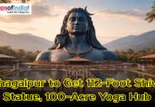 Bhagalpur to Get 112-Foot Shiva Statue, 100-Acre Yoga Hub A massive 112-foot black statue of Lord Shiva overlooking a landscaped plaza and mountains, with text announcing a new yoga hub in Bhagalpur.