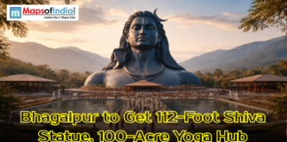 Bhagalpur to Get 112-Foot Shiva Statue, 100-Acre Yoga Hub A massive 112-foot black statue of Lord Shiva overlooking a landscaped plaza and mountains, with text announcing a new yoga hub in Bhagalpur.