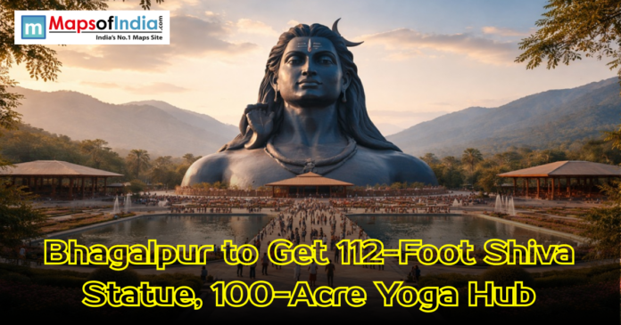A massive 112-foot black statue of Lord Shiva overlooking a landscaped plaza and mountains, with text announcing a new yoga hub in Bhagalpur.
