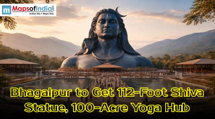 Bhagalpur to Get 112-Foot Shiva Statue, 100-Acre Yoga Hub A massive 112-foot black statue of Lord Shiva overlooking a landscaped plaza and mountains, with text announcing a new yoga hub in Bhagalpur.