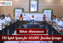 Bihar Announces ₹10 Lakh Loans for 50,000 Jeevika Groups Government meeting in Bihar where officials announce ₹10 lakh loans for 50,000 Jeevika groups, with a portrait of Mahatma Gandhi displayed in the background.