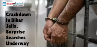 Crackdown in Bihar Jails, Surprise Searches Underway Close-up of a prisoner’s hands in handcuffs inside a jail, highlighting crackdown and surprise searches in Bihar prisons.