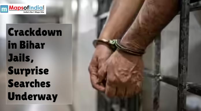 Crackdown in Bihar Jails, Surprise Searches Underway Close-up of a prisoner’s hands in handcuffs inside a jail, highlighting crackdown and surprise searches in Bihar prisons.