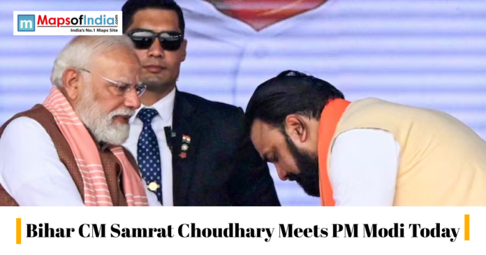 Bihar CM Samrat Choudhary meets PM Modi during a public event, highlighting a key political meeting.