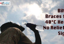 Bihar Braces for 40°C Heat, No Relief in Sight Man drinking water under a harsh sun with a thermometer showing high temperatures and text about Bihar's heatwave.