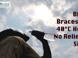 Man drinking water under a harsh sun with a thermometer showing high temperatures and text about Bihar's heatwave.