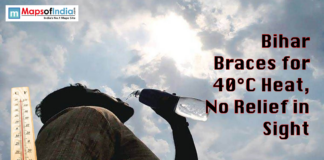 Bihar Braces for 40°C Heat, No Relief in Sight Man drinking water under a harsh sun with a thermometer showing high temperatures and text about Bihar's heatwave.