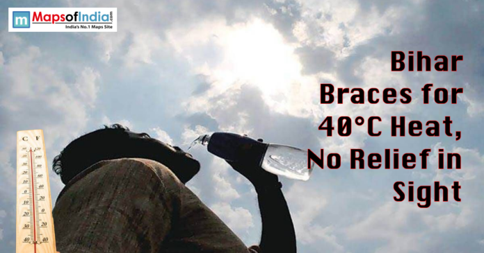 Man drinking water under a harsh sun with a thermometer showing high temperatures and text about Bihar's heatwave.