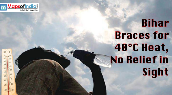 Bihar Braces for 40°C Heat, No Relief in Sight Man drinking water under a harsh sun with a thermometer showing high temperatures and text about Bihar's heatwave.