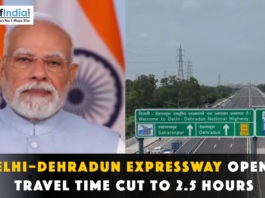 Delhi–Dehradun Expressway Opens, Travel Time Cut to 2.5 Hours Narendra Modi next to a Delhi-Dehradun Expressway sign.