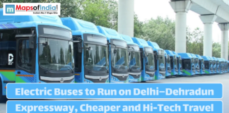 Electric Buses to Run on Delhi–Dehradun Expressway, Cheaper and Hi-Tech Travel A fleet of blue electric buses parked in a row for the Delhi–Dehradun route.