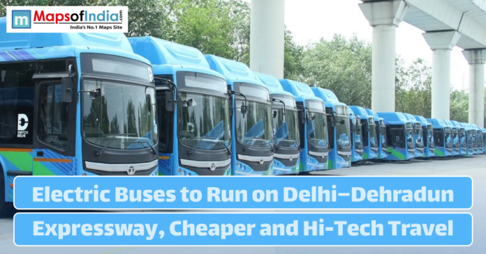A fleet of blue electric buses parked in a row for the Delhi–Dehradun route.