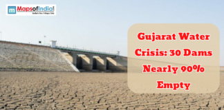 Gujarat Water Crisis: 30 Dams Nearly 90% Empty Dried reservoir with cracked land near a dam in Gujarat highlighting severe water crisis as many dams are nearly empty.