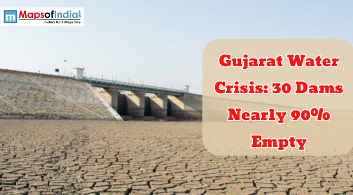 Gujarat Water Crisis: 30 Dams Nearly 90% Empty Dried reservoir with cracked land near a dam in Gujarat highlighting severe water crisis as many dams are nearly empty.