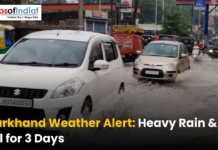 Jharkhand Weather Alert: Heavy Rain & Hail for 3 Days Cars drive through flooded streets during heavy rain in Jharkhand, with text about a weather alert for rain and hail.