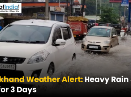 Cars drive through flooded streets during heavy rain in Jharkhand, with text about a weather alert for rain and hail.