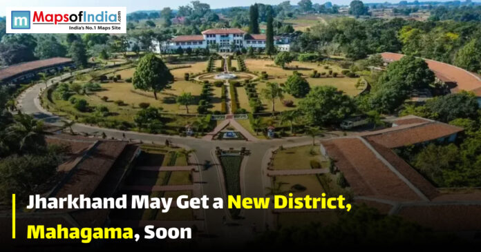 Aerial view of a government campus in Jharkhand with landscaped gardens, highlighting news about Mahagama becoming a new district.