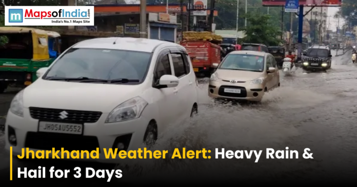 Jharkhand Cars drive through flooded streets during heavy rain in Jharkhand, with text about a weather alert for rain and hail.
