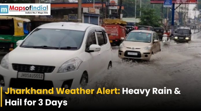 Jharkhand Weather Alert: Heavy Rain & Hail for 3 Days Cars drive through flooded streets during heavy rain in Jharkhand, with text about a weather alert for rain and hail.