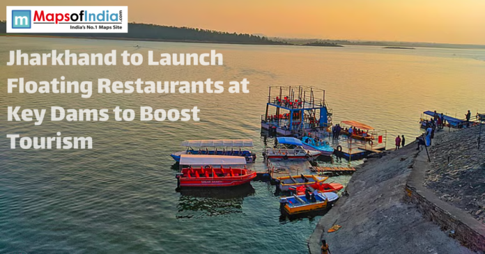 Boats docked at a dam in Jharkhand for a floating restaurant project.