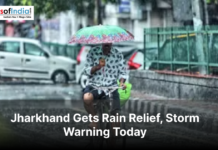 Jharkhand Gets Rain Relief, Storm Warning Today Man cycling in rain with umbrella under headline Jharkhand Gets Rain Relief.
