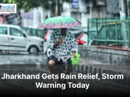 Man cycling in rain with umbrella under headline Jharkhand Gets Rain Relief.