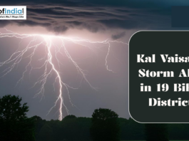 Lightning striking during a storm over trees at night, with text warning of a Kal Vaisakhi storm alert in 19 Bihar districts.
