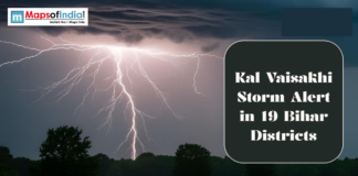 Kal Vaisakhi Storm Alert in 19 Bihar Districts Lightning striking during a storm over trees at night, with text warning of a Kal Vaisakhi storm alert in 19 Bihar districts.
