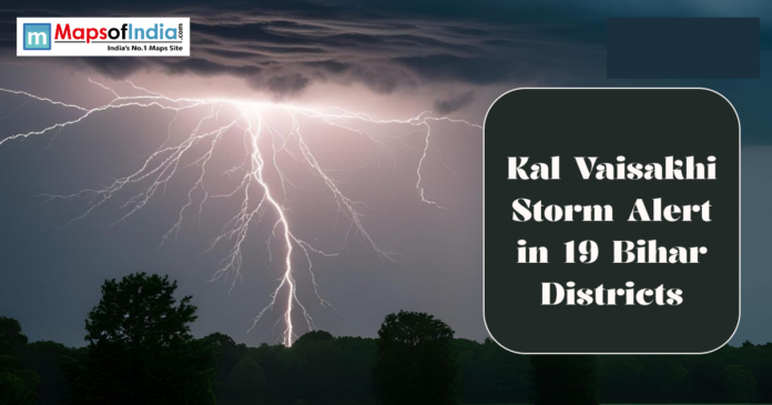 Lightning striking during a storm over trees at night, with text warning of a Kal Vaisakhi storm alert in 19 Bihar districts.