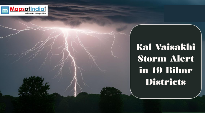 Kal Vaisakhi Storm Alert in 19 Bihar Districts Lightning striking during a storm over trees at night, with text warning of a Kal Vaisakhi storm alert in 19 Bihar districts.