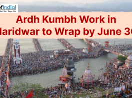 Aerial view of a crowded Har ki Pauri in Haridwar with Ardh Kumbh work update text.